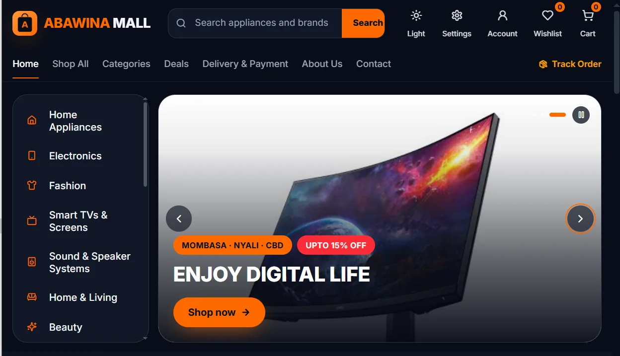 Abawina Mall homepage with category menu and promotional banner