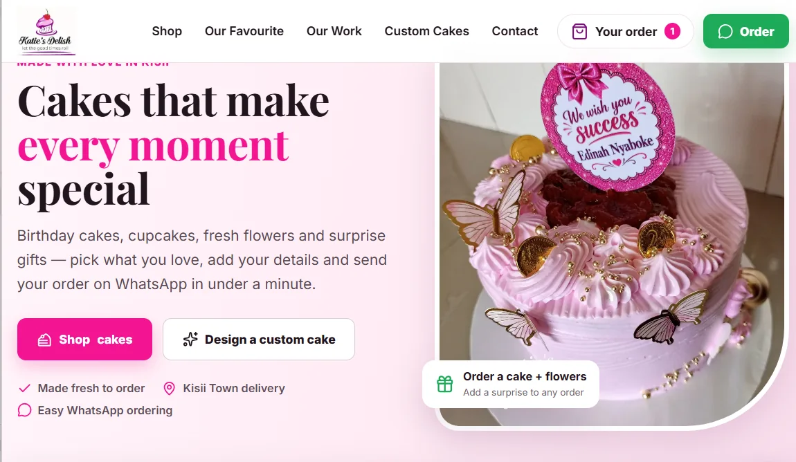 Katie’s Delish homepage with a decorated pink cake
